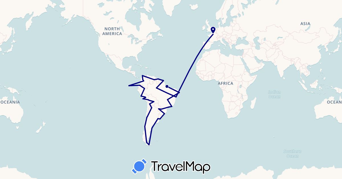 TravelMap itinerary: driving in Argentina, Bolivia, Brazil, Chile, Colombia, Ecuador, France, French Guiana, Guyana, Peru, Paraguay, Suriname, Uruguay, Venezuela (Europe, South America)